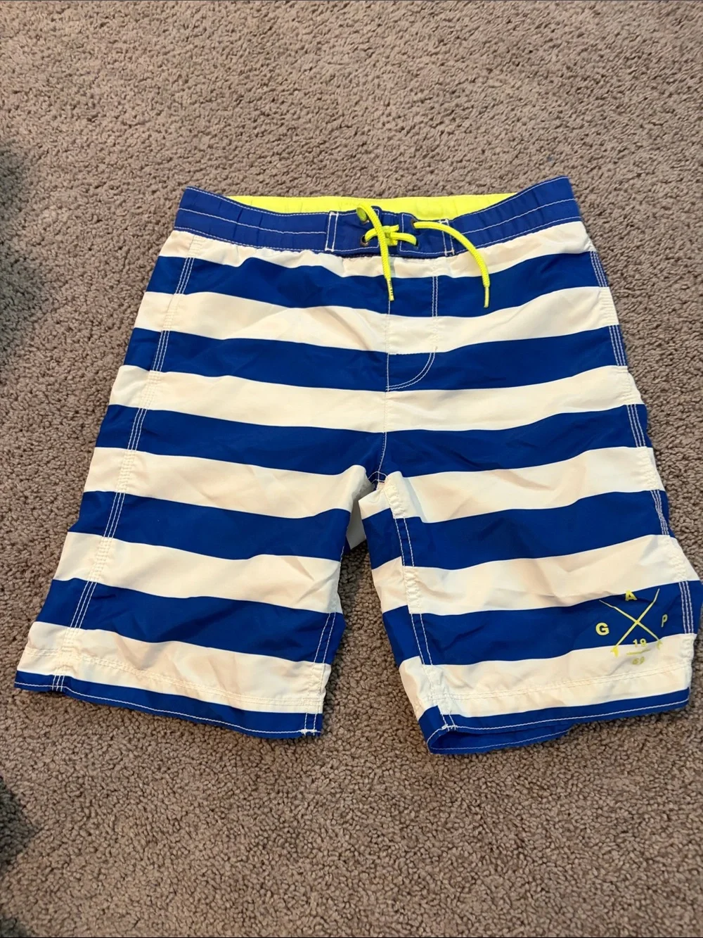 GAP Boys Blue and White Stripe Swim Trunks with Neon Yellow Drawstring